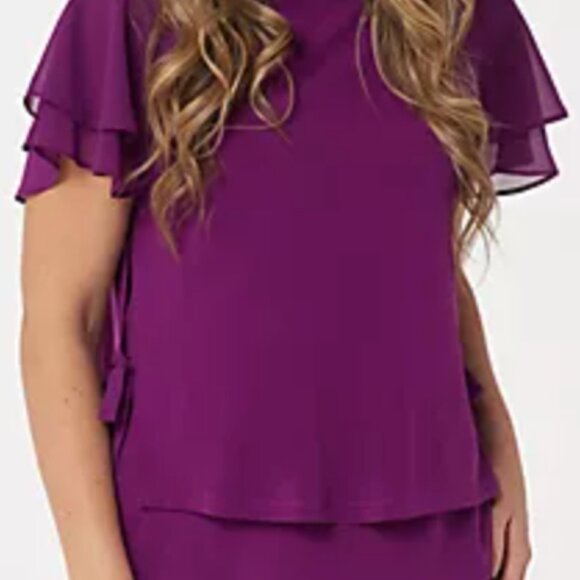Susan Graver Liquid Knit Layered Top Chiffon Sleeves Violet Size L - Picture 5 of 6